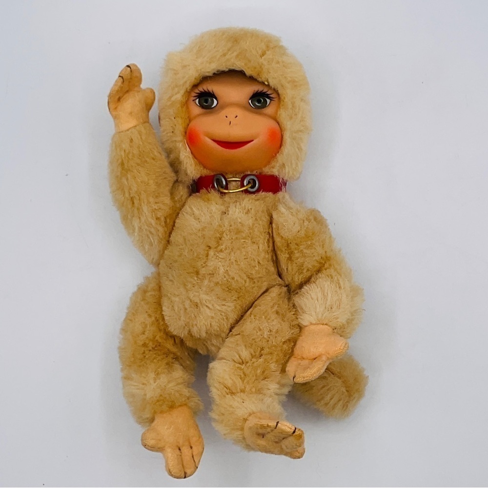 Vtg German Schuco Monkey Rubber Face MCM Jointed 6 in Red Collar Tan Felt Hands